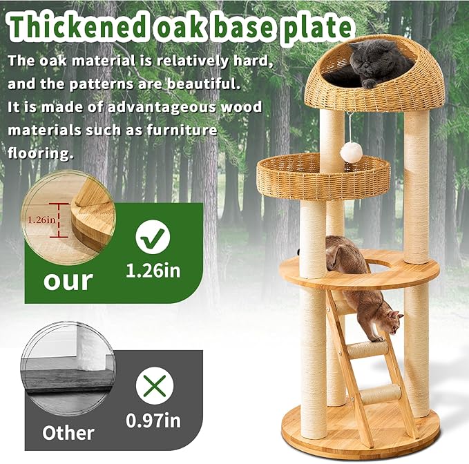 SHODMI Modern Cat Tree Tower for Large Indoor Cats, 53-Inch, 2 Basket Beds | 8 cm thick sisal scratching posts, 20.5-inch wide stable base, rubberwood frame, sisal stairs, plush & cooling mats