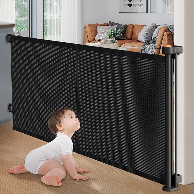 Upgrade Retractable Baby Gates, 35" Tall Extends up to 60" Wide, Mesh Dog Gate Indoor for Stairs, Outdoor Reinforced Pet Gate with Support Rods for Doorways Hallways Kitchen Bedroom, Black
