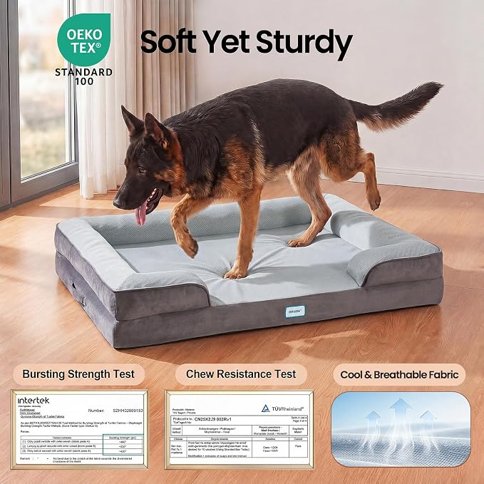 OhGeni Orthopedic Cooling Dog Bed Couch, Cooling Big Pet Sofa for Extra Large Sized Pets with Memory Foam, Machine-Washable Waterproof Removable Cover, Soft Comfortable Fabric, 44-inch (Cool Gray)