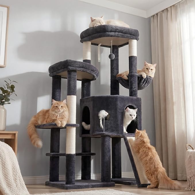Cat Tree, Heavy Duty Cat Tower with Dual Platforms VCT002G | Oversized Diamond Condo for Large Cats, Sturdy Cat Furniture with Cozy Basket, Sisal Scratching Board & Posts, Smoky Gray