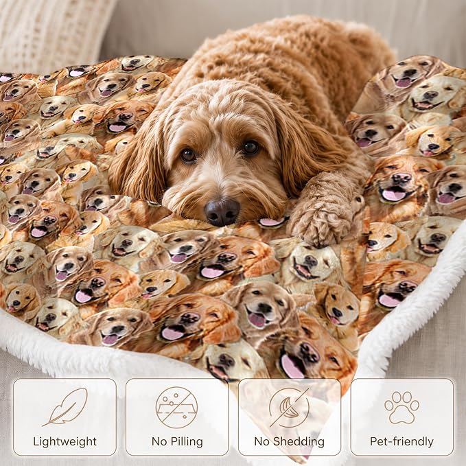 BlessLiving Golden Retriever Throw Blanket with Dense Dog Patterns Sherpa Fleece Blanket Couch Bed, Soft Cozy Warm Pet Blankets for Puppy Lovers Cute Animal Print Gift 50x60 Inches