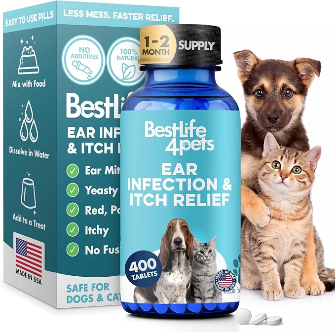 BestLife4Pets Itch Relief and Ear Infection for Dogs & Cats - 400 Pills | Natural Ear Mites Treatment for Cats and Dogs Soothes Itchy Ears, Reduces Swelling, Otitis, Pain & Inflammation