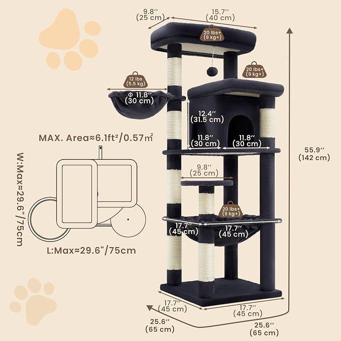 Heybly Cat Tree, 56" Multi-Level Easy Climb Tower for Large Cats HCT028G | Cat Furniture with 2 Perches, Cozy Hammock, Spacious Condo & Cat Basket, Durable Sisal Scratching Posts, Smoky Gray