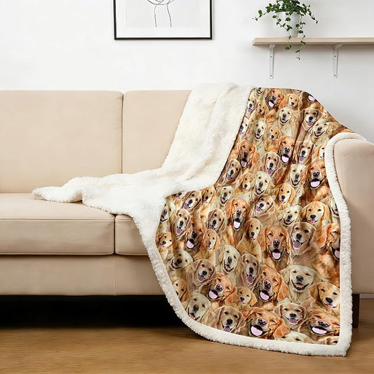 BlessLiving Fuzzy Dogs Blanket for Kids Adults Cute Puppy Fleece Blanket Reversible Animal Pattern Sherpa Throw (Golden Retriever,Twin, 60 x 80 Inches)