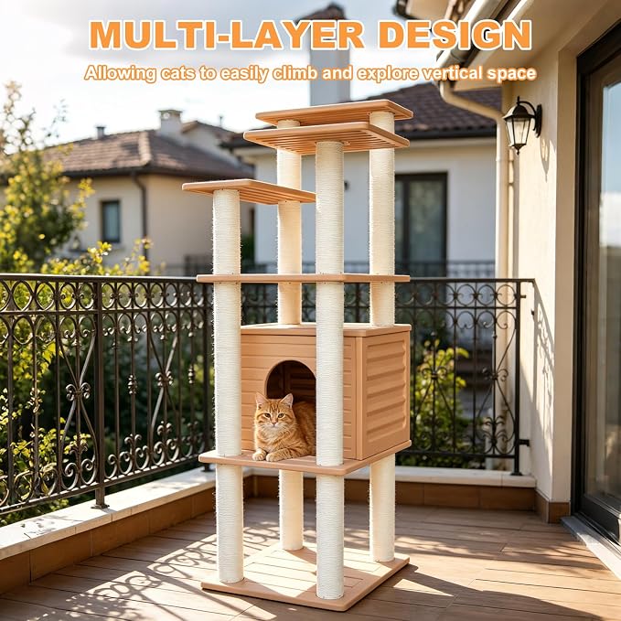 62"Tall Outdoor Cat Tree,Weatherproof Large Cat Condo with Scratching Posts | Khaki Multi-Level Cat Tree Design,Polypropylene Scratching Posts,Suitable for Indoor and Outside Use,Easy to Assemble CTT-10
