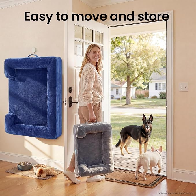 OhGeni Orthopedic Dog Bed Couch Big Cat Sofa for Extra Large Sized Pets with Memory Foam, Machine-Washable Waterproof Removable Cover, Soft Comfortable Fabric, 44-inch (Blue)