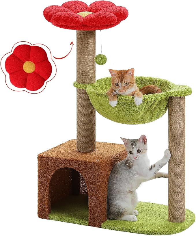 35" Flower Cat Tree for Kittens with Hammock & Sisal Posts, Brown | Flower-shaped top perch, Metal frame hammock, Sisal scratching posts, Cozy pink condo, Sturdy stable base, For small cats