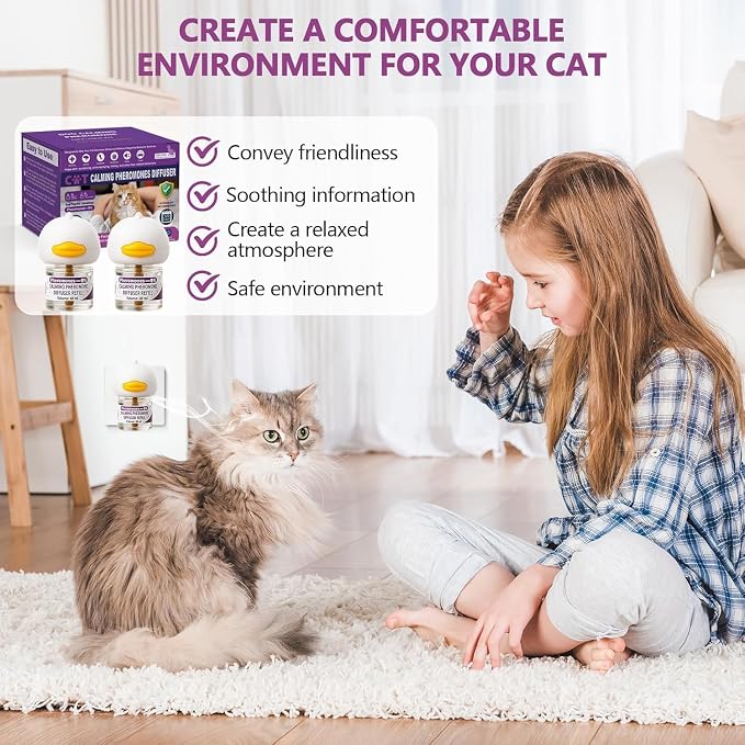 Cat Pheromones Calming Diffuser, Cat Calming Plug In Pheromone Diffuser Starter Kit with 2 Diffusers + 4 Refills - Relieve Anxiety, 120 Days Starter Kit Long-Lasting Stress Relief for Cats (Purple)