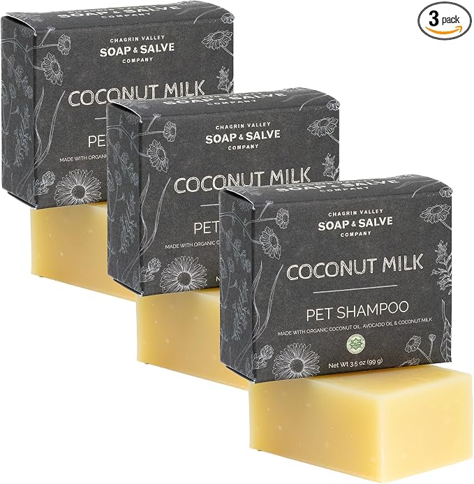 Chagrin Valley Soap & Salve Organic Natural Dog & Pet Shampoo – Unscented & Moisturizing for Dogs with Dry, Sensitive or Itchy Skin – Coconut Milk Conditions the Coat - 3.8 OZ Bar 3PK