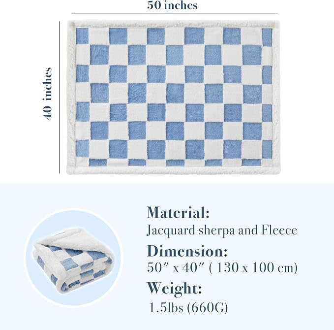 Ohocut Checkered Dog Blanket, Blue Jacquard Sherpa Blankets for Small Dog and Cats, Cute Aesthetic Style Fluffy Fleece Pets Blanket for Couch Protection Washable, 40"x50"