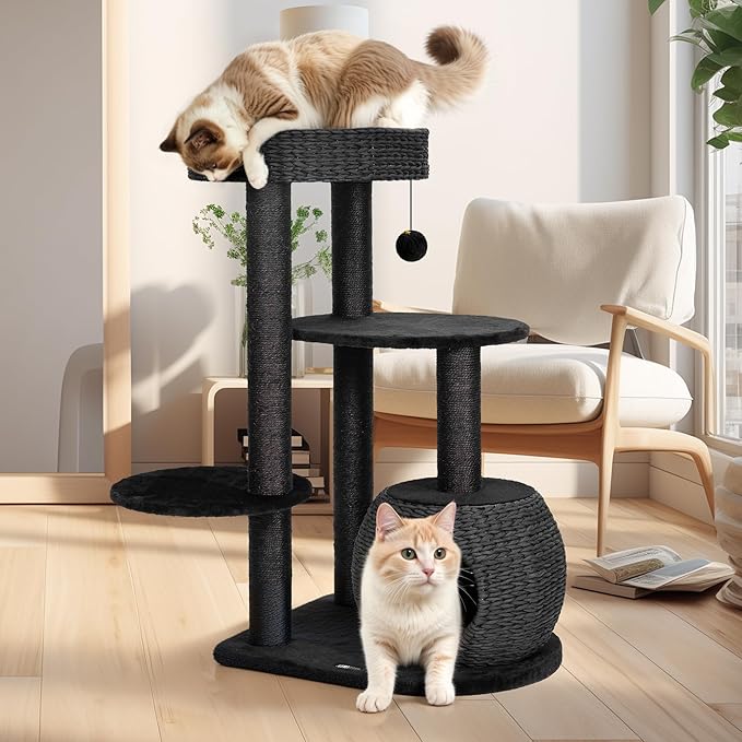 Black Cat Tree, 39" Tall Cat Tree Tower for Cats, Modern Cat Condo with Scratching Posts, Multi-Level Solid Wood Tower & Top Perch, Cat Furniture for Big Cats