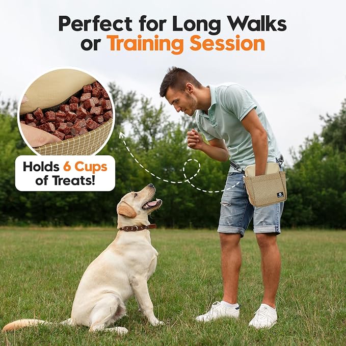 Dog Treat Pouch for Training, Magnetic Dog Walking Bag and Fanny Pack | Large treat pocket with poop bag dispenser, clicker and bowl; hands-free for dog training, walks, park trips and travel