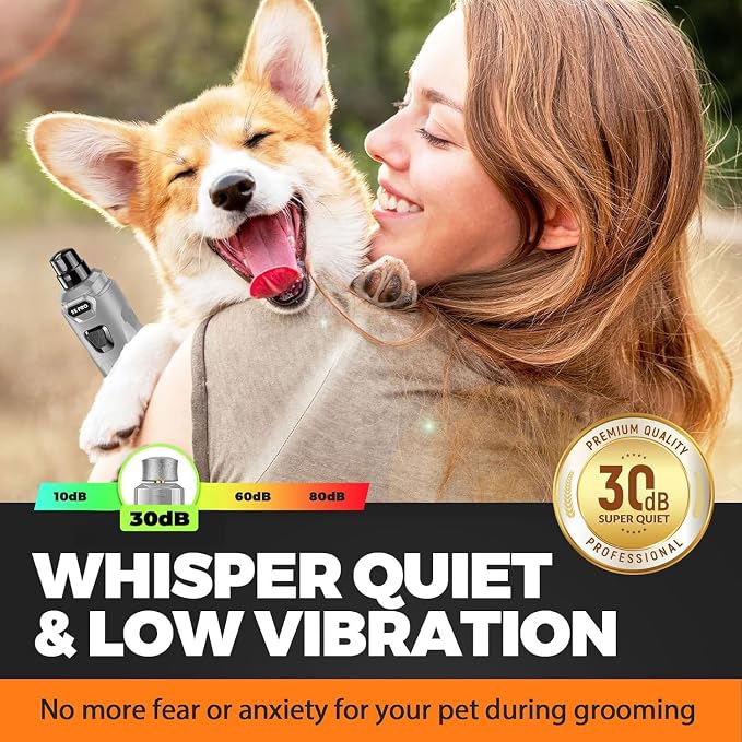 Whisper Quiet Dog Nail Grinder Safe & Stress-Free for Sensitive Dogs Cats | 4 LED Lights,3 Grinding Bits, 3-Speed, Pet Nail Trimmers, Rechargeable Painless Grooming Kit for All Breeds & Sizes