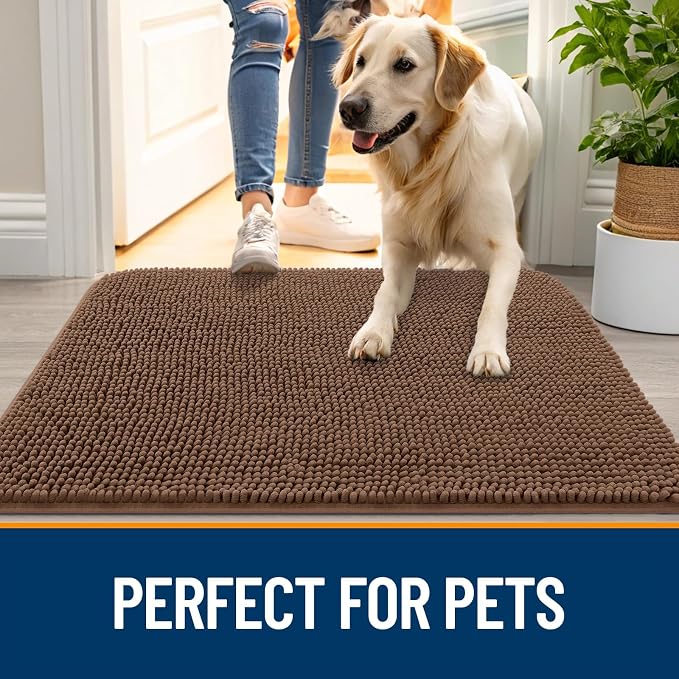 OLANLY Dog Door Mat for Muddy Paws 47x17, Super Absorbent Chenille Mud Mat | Mocha, Absorbs Moisture and Dirt, Non-Slip Machine Washable Doormat, Quick-Drying Indoor Entryway Floor Carpet for Dogs