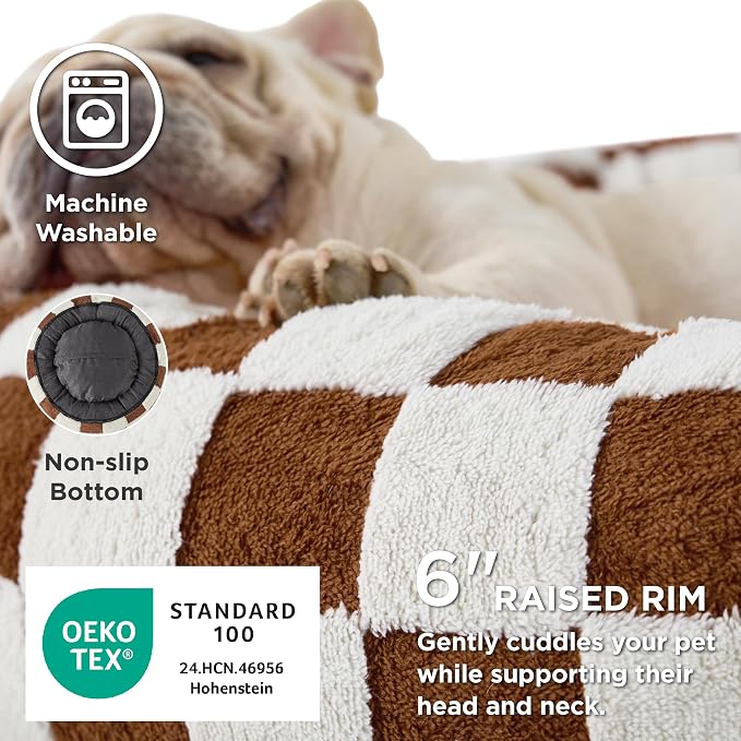 LE SURE Donut Cat Beds for Indoor Cats - Gift for Pets with Washable Cover, Cute Modern Puppy Beds with Jacquard Shaggy Plush & Anti Slip Bottom, 20 Inch, Brown