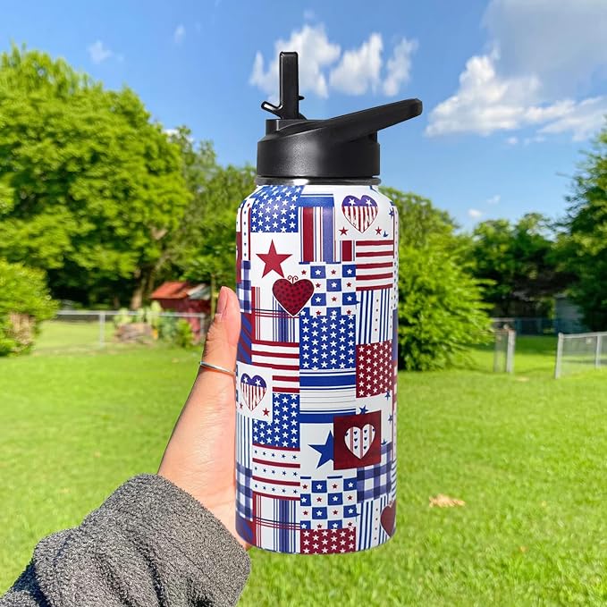 32oz American Flag Flip Stainless Insulated Aater Water Bottle with Straw,4th of July Gym Hiking Sports Coffee Mug Cup Water Bottles,Patriotic Military Gifts For Veterans, Police