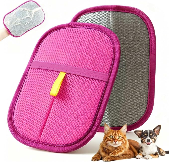 Thickened Pet Hair Removal Glove for Fabric Surfaces, Pink | Easy-On 2-Finger Design; Secure Stay-Put Fit; Easy Hair Pickup; Reusable Design; Sofas, Beds, Carpets, Pet Beds and Car Seats