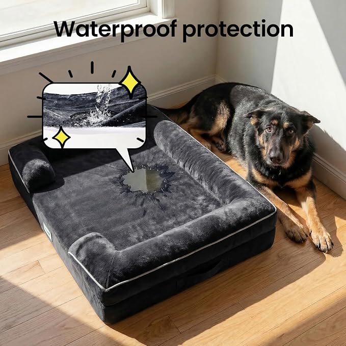 OhGeni Orthopedic Dog Bed Couch Big Cat Sofa for Extra Large Sized Pets with Memory Foam, Machine-Washable Waterproof Removable Cover, Soft Comfortable Fabric, 44-inch (Black)
