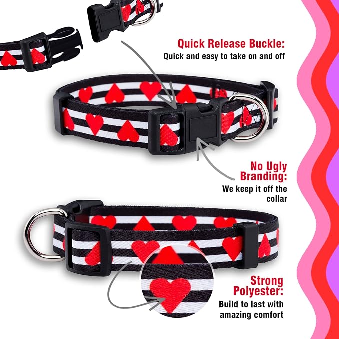 Native Pup Valentine’s Dog Collar- Valentines Day Pet Collars- Valentine Girly Hearts- Pink Red Heart- Cute Boy Girl Puppy Gift- Adjustable for Small, Medium, Large Breeds (Striped Hearts, Large)