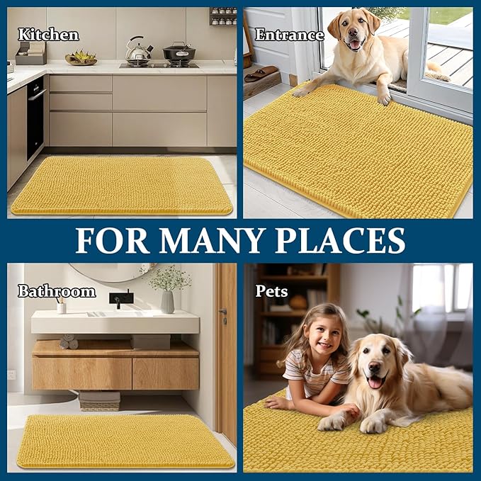 OLANLY Dog Door Mat for Muddy Paws 59x24, Super Absorbent Chenille Mud Mat | Yellow, Absorbs Moisture and Dirt, Non-Slip Machine Washable Doormat, Quick-Drying Indoor Entryway Floor Carpet for Dogs