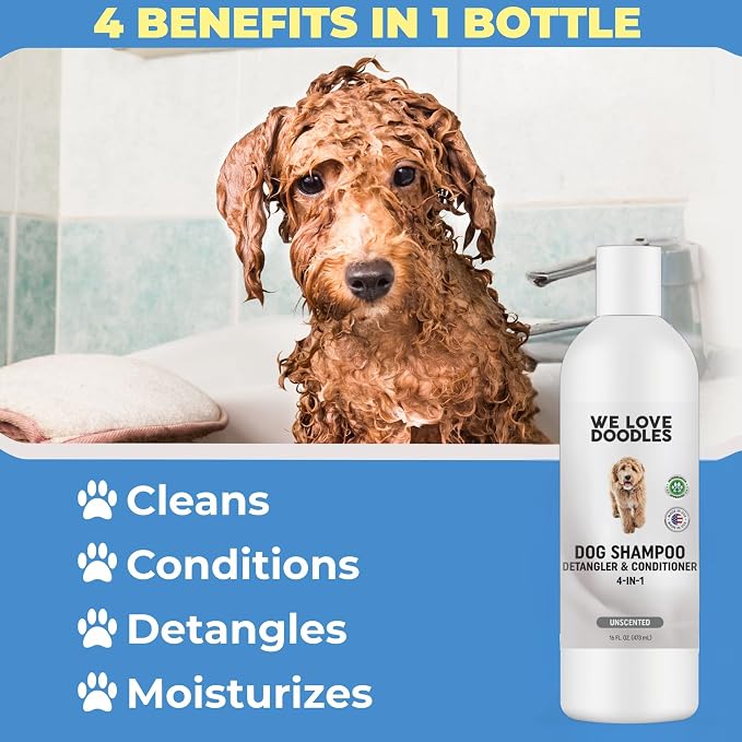 Dog Shampoo Conditioner & Detangler, Hypoallergenic Tearless Unscented 16OZ | For Sensitive Itchy Skin, Hypoallergenic, Tearless, Best Shampoo For Smelly Dogs, Goldendoodle, Poodle & Doodle, Made in USA