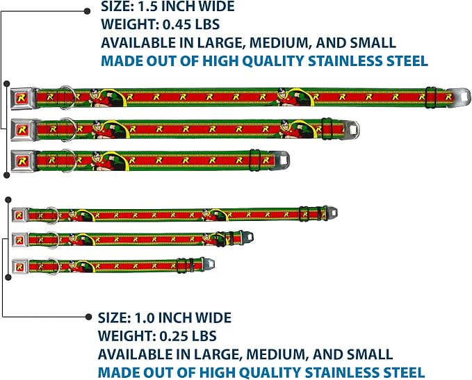 DC Comics Pet Collar, Dog Collar Metal Seatbelt Buckle, Robin Action Pose Logo Stripe Green Yellow Red Black, 13 to 17 Inches 1.5 Inch Wide