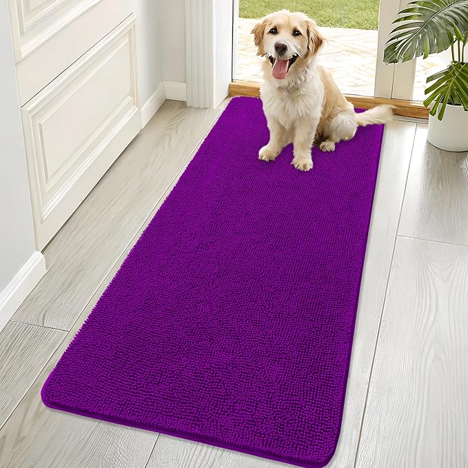 OLANLY Dog Door Mat for Muddy Paws 70x32, Super Absorbent Chenille Mud Mat | Purple, Absorbs Moisture and Dirt, Non-Slip Machine Washable Doormat, Quick-Drying Indoor Entryway Floor Carpet for Dogs