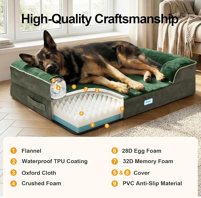 OhGeni Orthopedic Dog Bed Couch Big Cat Sofa for Extra Large Sized Pets with Memory Foam, Machine-Washable Waterproof Removable Cover, Soft Comfortable Fabric, 44-inch (Green)