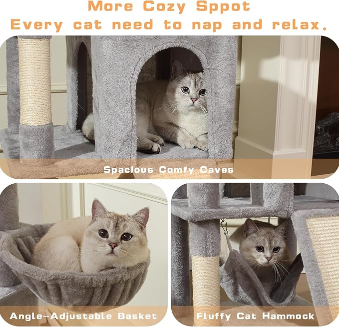 Letkind Cat Tree, 70-Inch Cat Tree Tower with Hammock, Scratching Post, Condo and Multi-Level Cat Tower, Large Cat Activity Center Playhouse, Light Gray LCT015