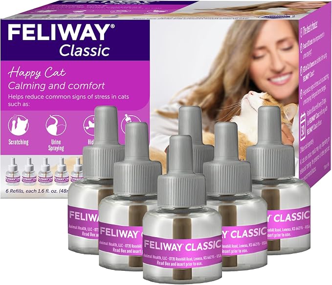 FELIWAY Classic Cat Calming Diffuser Refill - 6 Pack | Cat Pheromone Diffuser Refill Reduces Stress‑Related Behaviors Like Spraying, Scratching, Hiding, 180 Day Supply