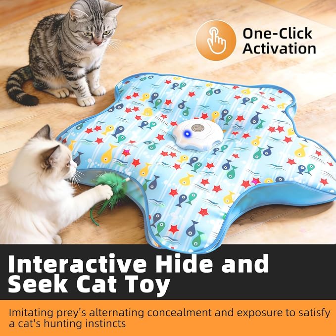 Interactive Cat Toy, Peek-a-Boo Series – Hidden Feather Wand, Rechargeable Indoor Hunting Toy, Squeaky Bird Sound, and Small Fish Pattern Cover