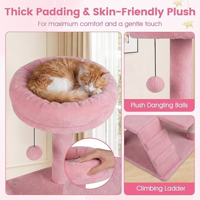 52-inch Cat Tree, Multi-Level Cat Tower with Sisal Scratching Posts, 2 Comfy Condos, Plush Padded Soft Top Perch, Dangling Balls, and Climbing Ladder, Ideal for Indoor Cats (Pink)
