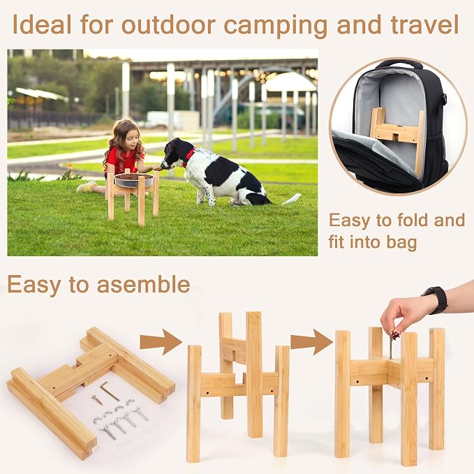Elevated Dog Bowl Stand Adjustable Dog Food Holder 10”H Medium Bamboo | 10” Elevated Dog Bowl Stand, Medium Dogs, Adjustable, Fits 7”-10” Bowls, Single Bowl Holder, Natural Bamboo, Classic