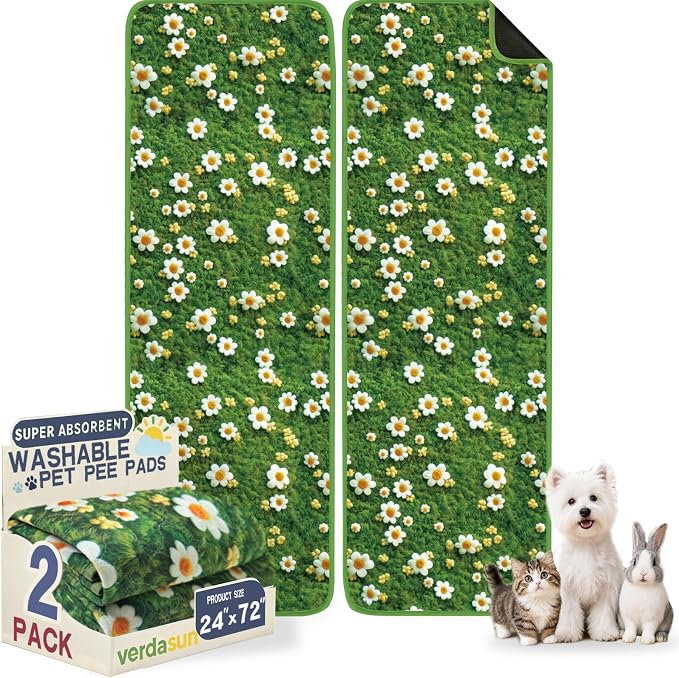 Washable Pee Pads for Dogs 24"x72" 2 Pack Reusable Puppy Potty Pad | Super Absorbent Waterproof NonSlip LeakProof Crate&Playpen Floor Mat for Cats, Rabbits, Guinea Pigs, Whelping & Housebreaking