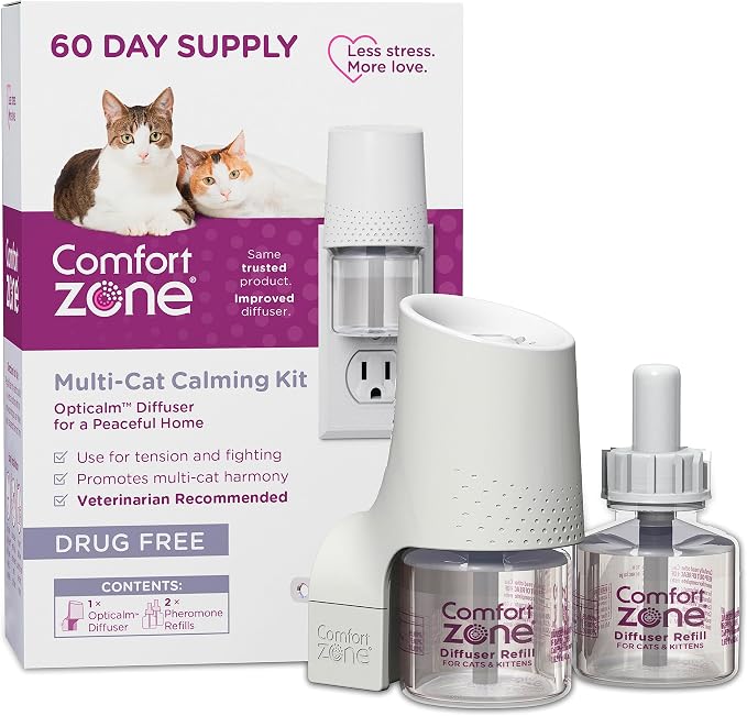 Comfort Zone Multi Cat Calming 1 Room Bonus Kit, 1 Diffuser & 2 Refills | Reduce cat stress & multicat aggression & urine marking & scratching, drug & fragrance free, expert recommended, 24/7 calming
