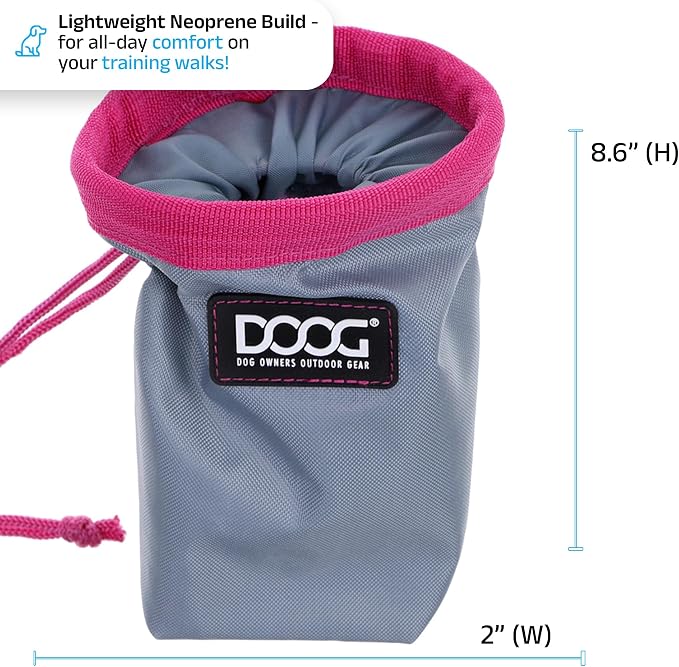 DOOG Clip On Dog Treat Pouch (Small) - Compact Hands-Free Puppy Training Reward Bag with Secure Waist Clip, Pull-String Closure & Washable Inner Lining - Grey/Pink