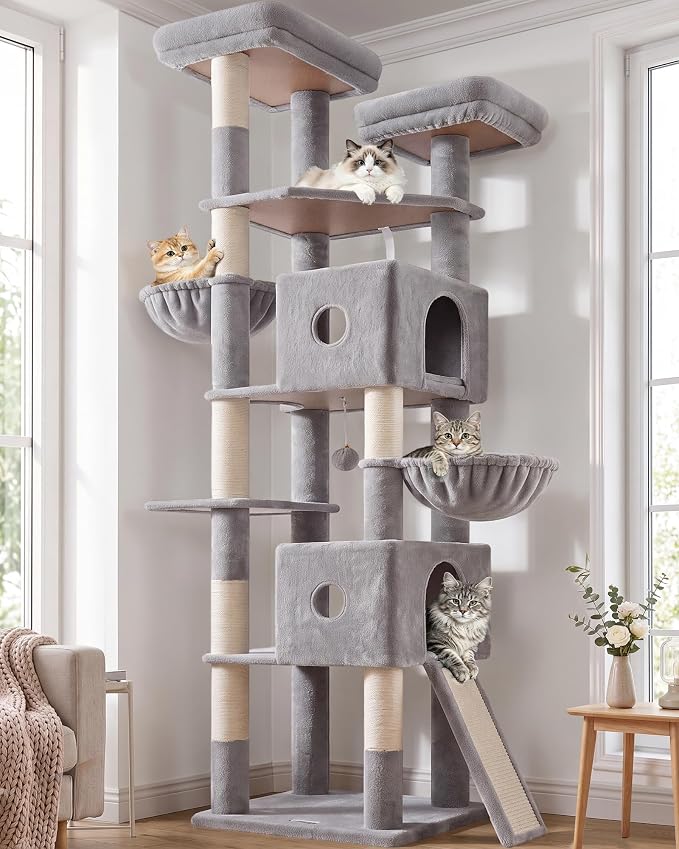 Globlazer 84in Extra Tall Cat Tree Tower for Indoor Large Cats 20lbs, F84G | Multi-Level Big Climbing Tower, 7 Scratching Post & Board, Cat Condos with Pad, 2 Soft Perches, 2 Sturdy Baskets, Light Grey