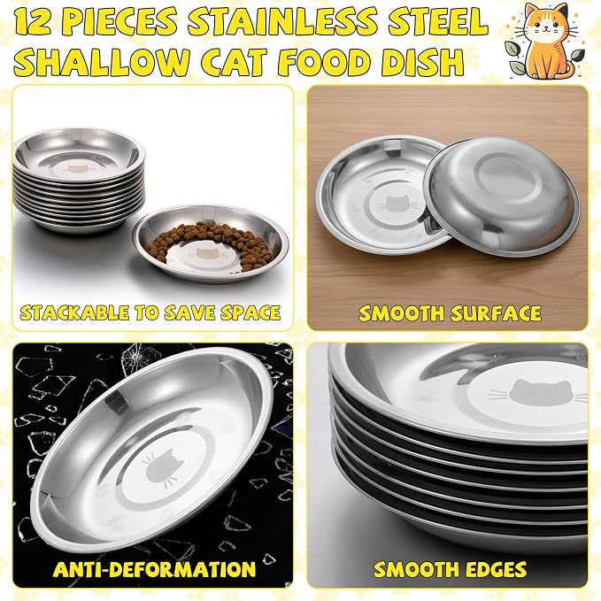 Domensi 12 Pieces Stainless Steel Cat Bowl Metal Pet Food Dish Beard Fatigue Relief Replacement Easy to Clean Indoor Wet Feeding Flat Plates for Dogs Kitten and Other Small Animals(6.3 Inch,Cat)