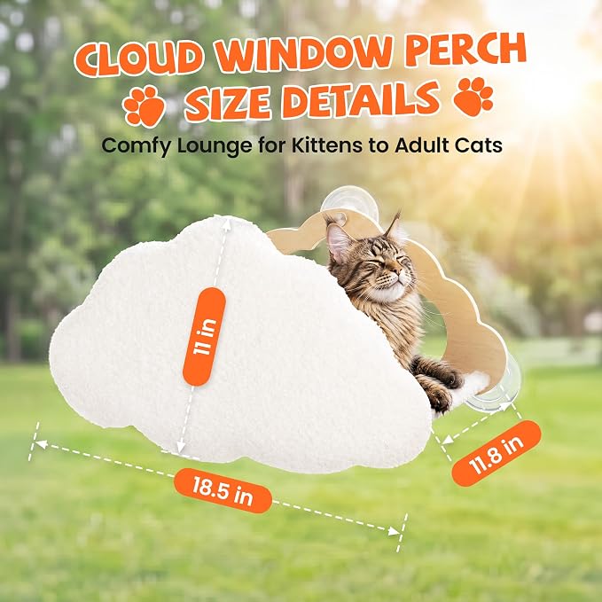 Cat Window Perch Cloud Shape, Large Cat Hammock Bed Washable | Suction Mount, Steel Brackets, Soft Fabrics, Natural Pine Wood, Space Saving, Tool-Free Assembly, Watch birds, Sunbathing