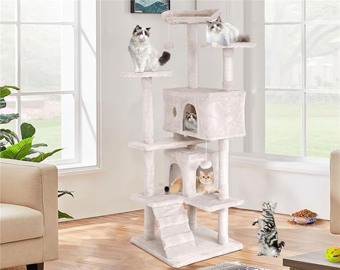 Heavy Duty Cat Tree Tower, 70" Tall Cat Tower for Indoor Cats with Cat Scratching Post with Bed, Cat Condo, Hanging Ball, Multi-Level Cat Climbing Tower Cat Trees Furniture Activity Center, Beige