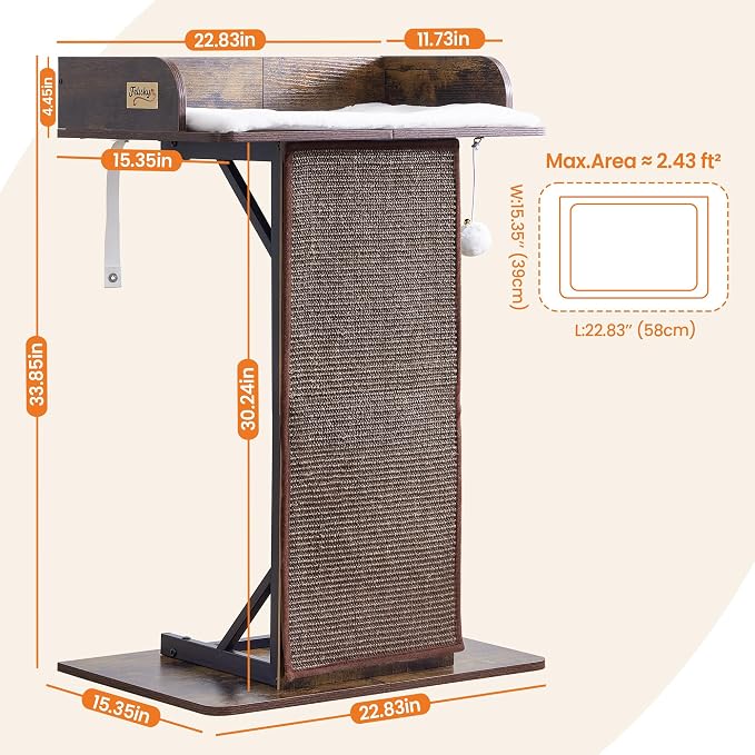 Modern Wood Cat Tree Tower for Indoor Large Adult Cats with Big Perch Bed | 33.8in Tall Wooden Cat Trees with Platform, Cat Scratching Pads, Washable Cushions, Cat Furniture for Window, Rustic Brown