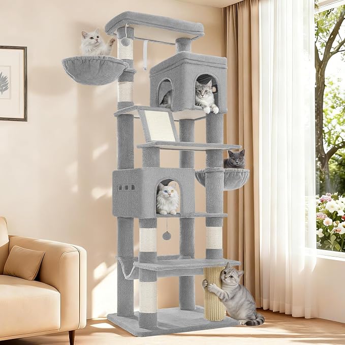 Hzuaneri Tall Cat Tree 75 Inch, Indoor Large Multi-Level Cat Tower | Cat Condo Furniture with 5 Scratching Post, 2 Hanging Basket, 2 Condo, 2 Large Platform, Pet Play House, Light Grey MS19018LG