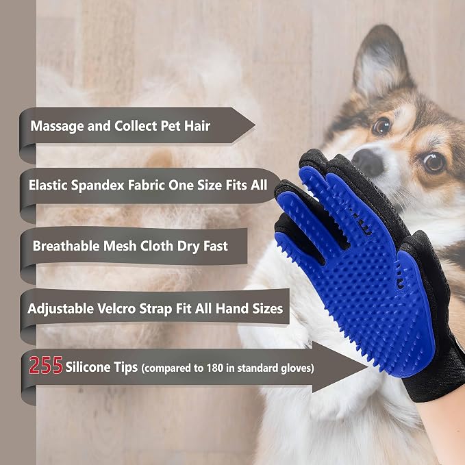 3-PCS Pet Grooming Set – 255-Tip Deshedding Gloves for Dogs & Cats, Gentle Massage Mitt & Hair Remover Brush (Left & Right Hand) + Electrostatic Pet Hair Remover Glove for Furniture & Clothes