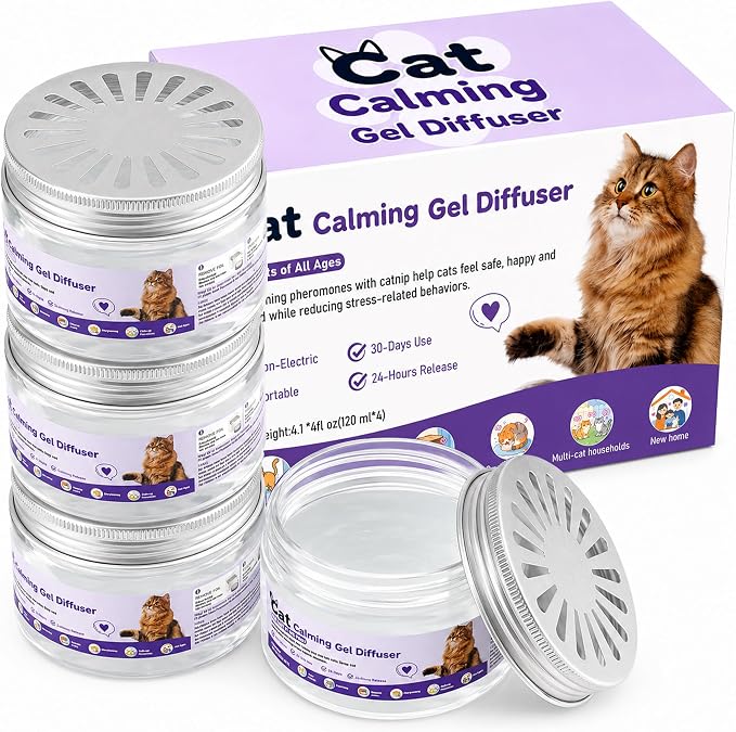 4 Pack Cat Pheromone Calming Diffuser Gel Relieve Anxiety | 8 Months Supply, Unplugged Help Reduce Fighting, Spraying & Scratching, Drug-Free & Safe Relaxation Solution