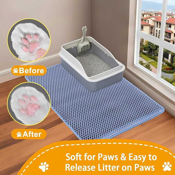 Cat Litter Mat Litter Catcher Mat 32"x22" for Floor, 2 Layer Litter Trapping Mat for Kitty, Waterproof Urine Proof Litter Box Mat, Easy Clean Litter Rug, Blue Medium