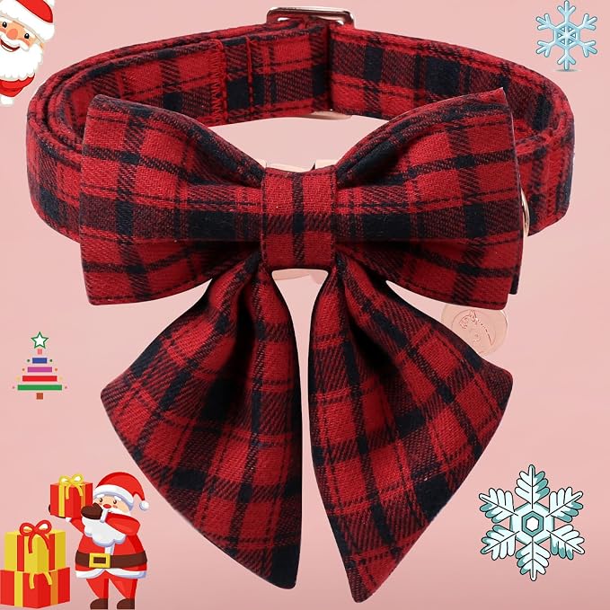 DOGWONG Christmas Dog Collar with Sailor Bow Tie, Red Plaid Dog Collar Durable Metal Buckle Adjustable Red Gingham Dogs Collars for Small Medium Large Dogs, L