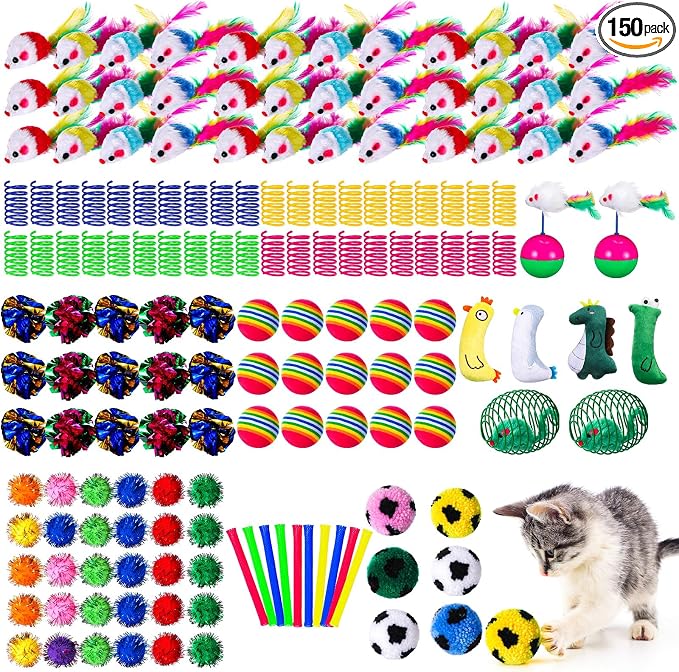 Shappy 150 Pcs Cat Toys for Indoor Cats Bulk, Kitten Toys Pack, Variety Interactive Gift Including Mice Rainbow Balls Spring Crinkle Balls Gift for Kitty Kitten Cat(Novel)