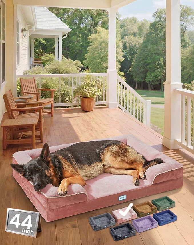 OhGeni Orthopedic Dog Bed Couch Big Cat Sofa for Extra Large Sized Pets with Memory Foam, Machine-Washable Waterproof Removable Cover, Soft Comfortable Fabric, 44-inch (Pink)