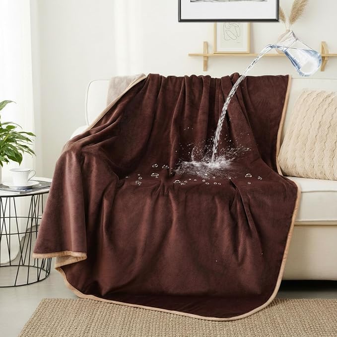 Waterproof Blanket for Couch Sofa Bed | Reversible Soft Flannel Throw Blanket for Medium Large Dogs Pet Leakproof, Protector for Crate, Travel, 50"x60", Brown