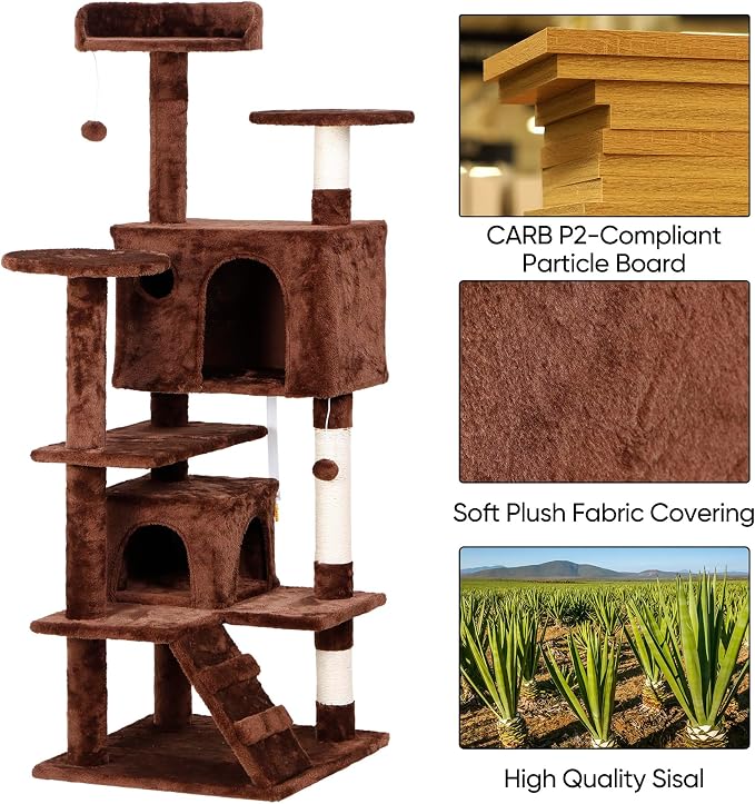 ZENY 53 inches Cat Tree with Sisal-Covered Scratching Posts and 2 Plush Rooms Cat Furniture for Kittens (Brown)